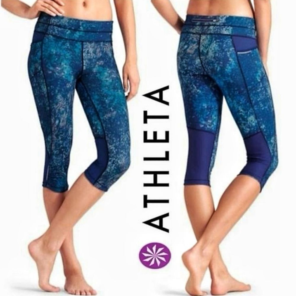 Athleta Splatter Be Free Knicker Legging Small Blue Green Workout